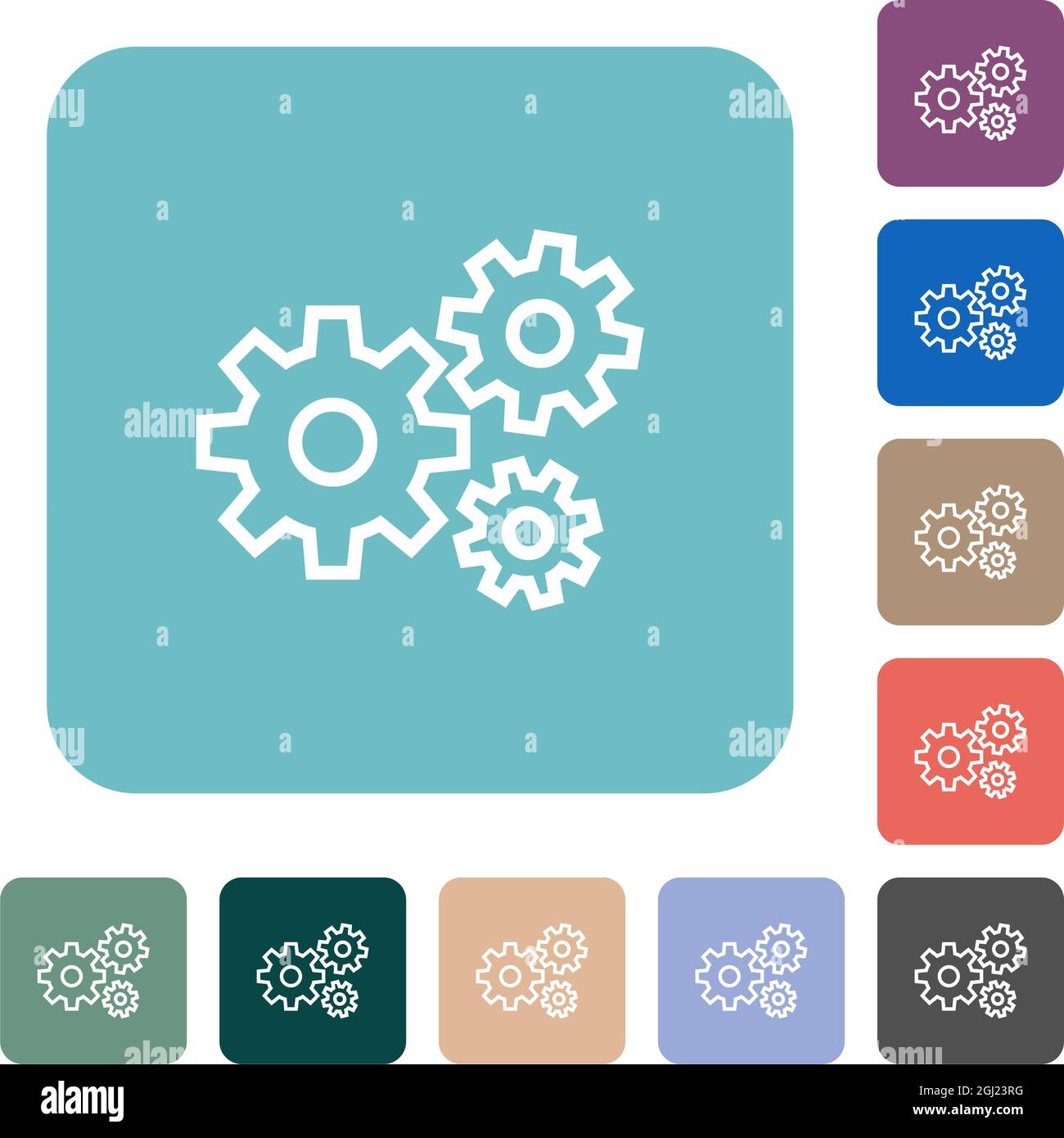 Gears white flat icons on color rounded square backgrounds Stock Vector