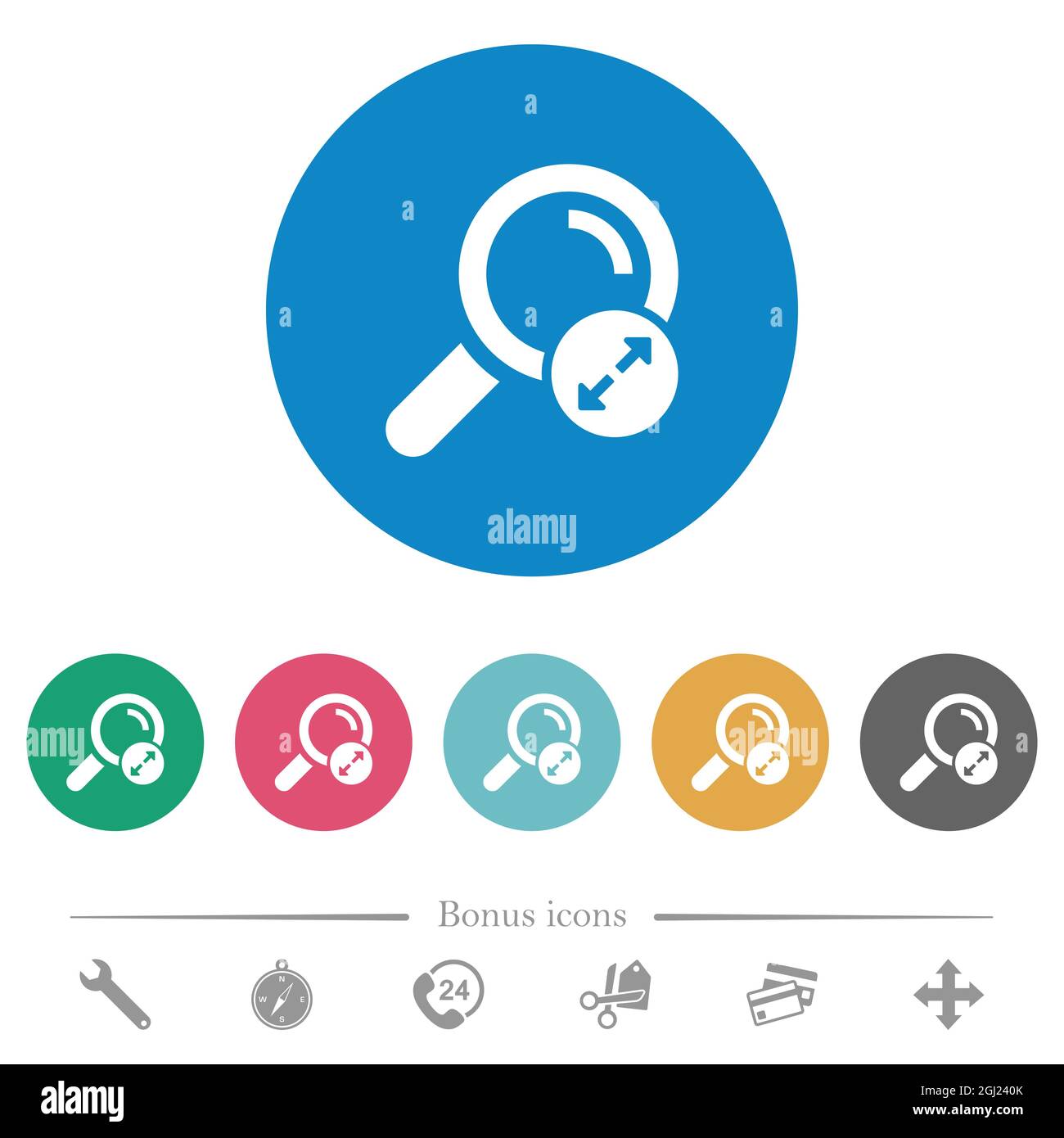 Extending search results flat white icons on round color backgrounds. 6 ...