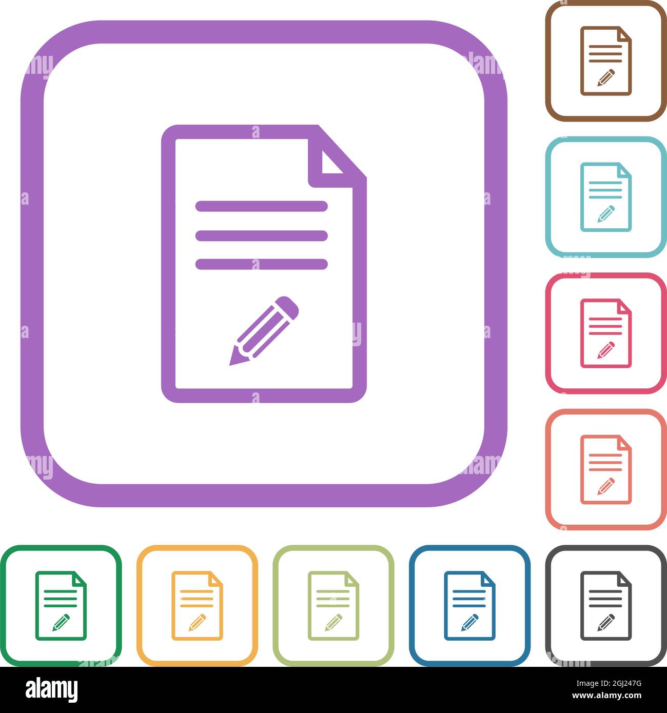 Edit document outline simple icons in color rounded square frames on white background Stock Vector