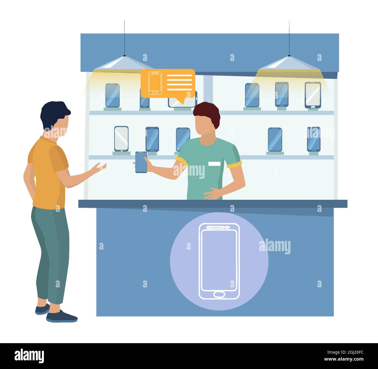 Man buying new cell phone. Seller showing smartphone to customer