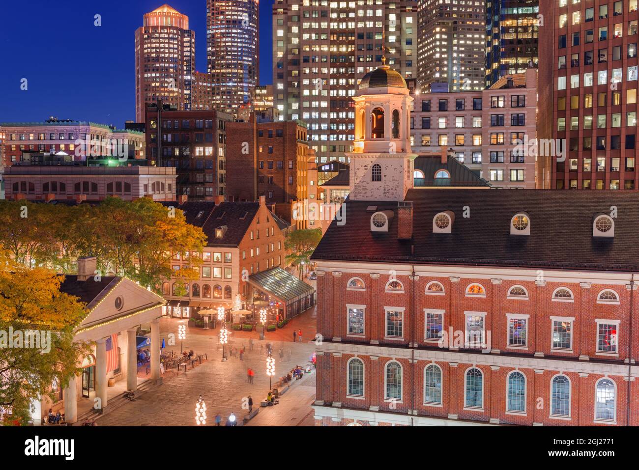 Boston, Massachusetts, USA skyline and market at dusk. Stock Photo