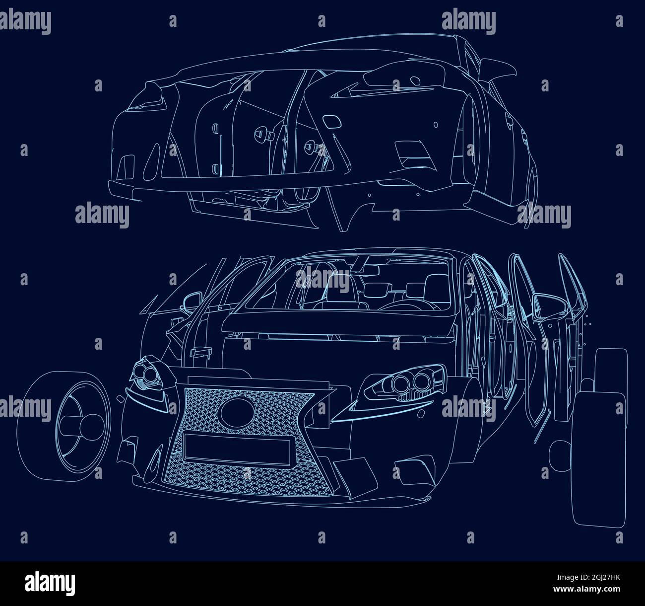 The contour of a disassembled car from blue lines on a dark background