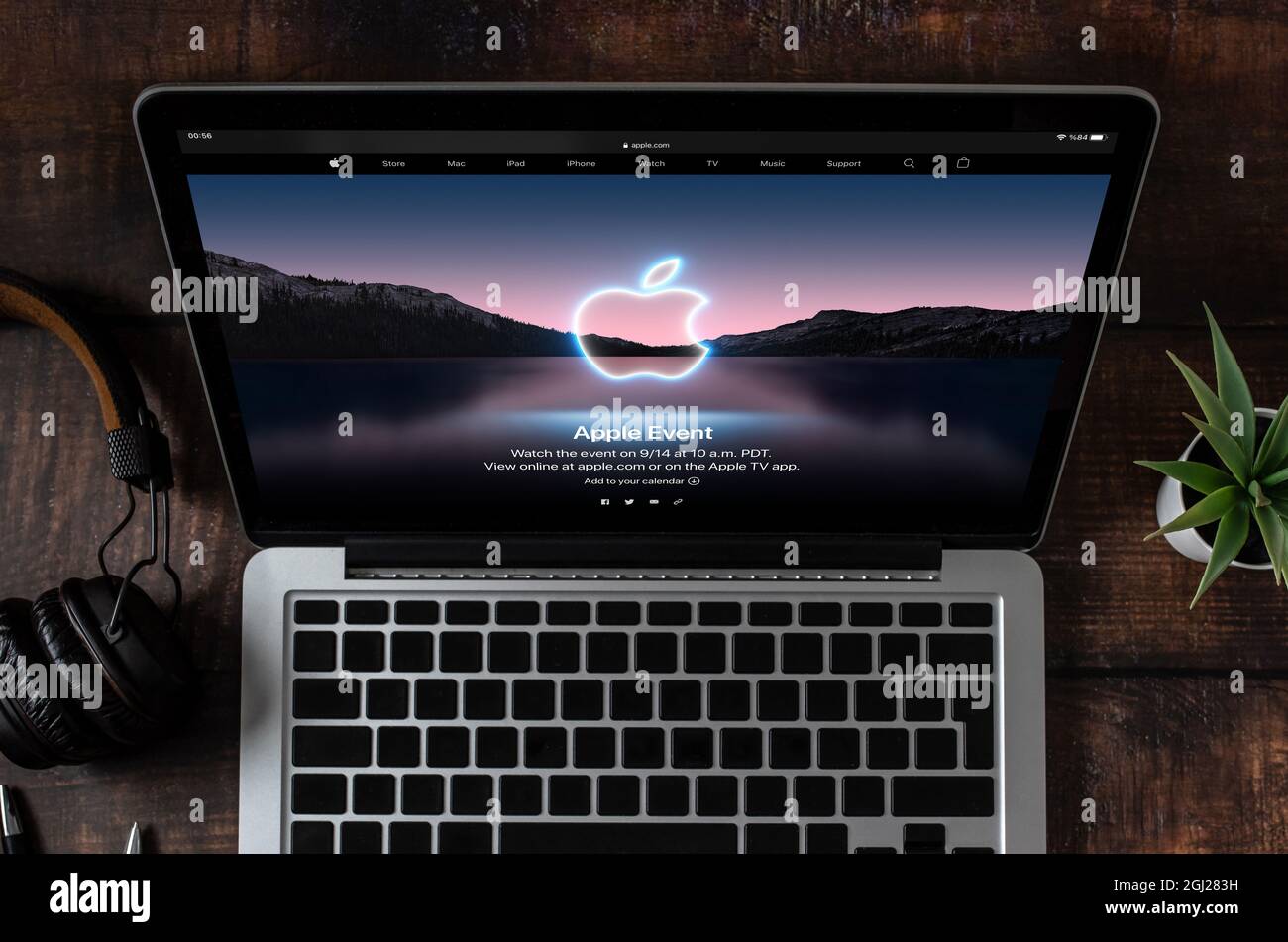 Antalya, Turkey - September 8, 2021: Macbook pro with Apple event logo 2021 on the screen. Stock Photo