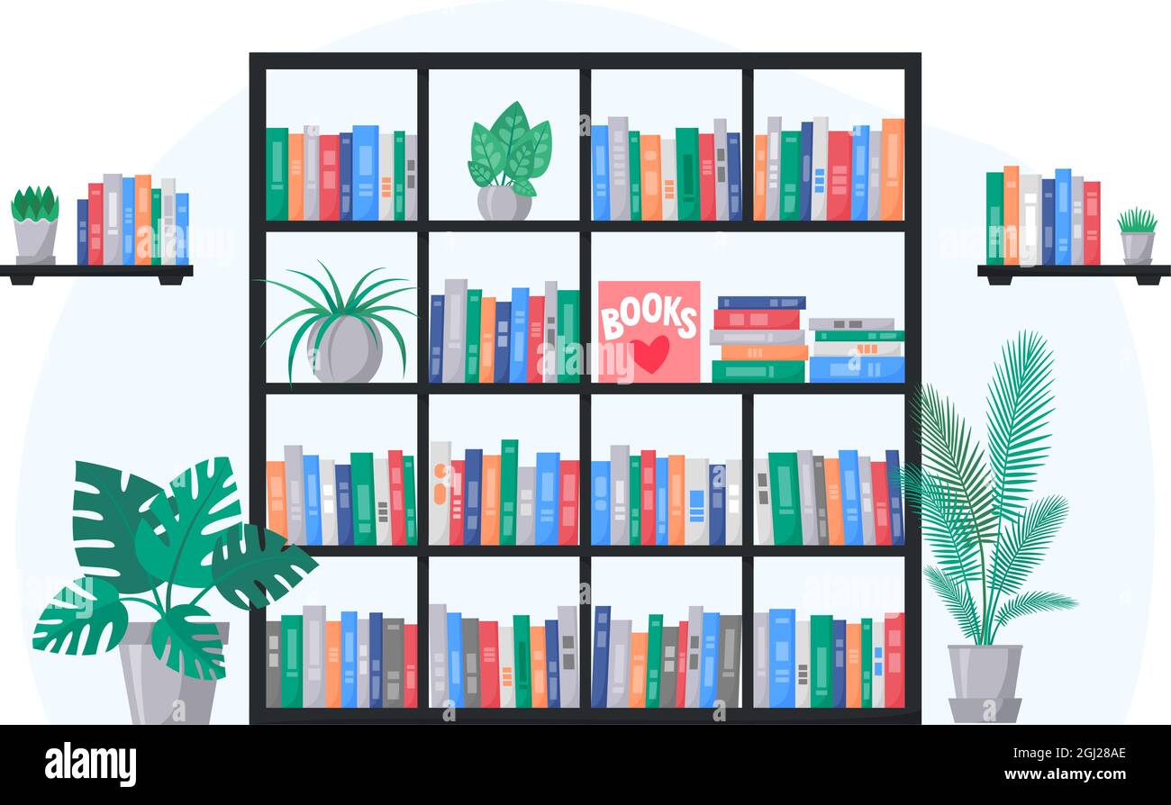 Bookcase and book shelves with collection of colorful books. Interior with home plants. Vector Stock Vector