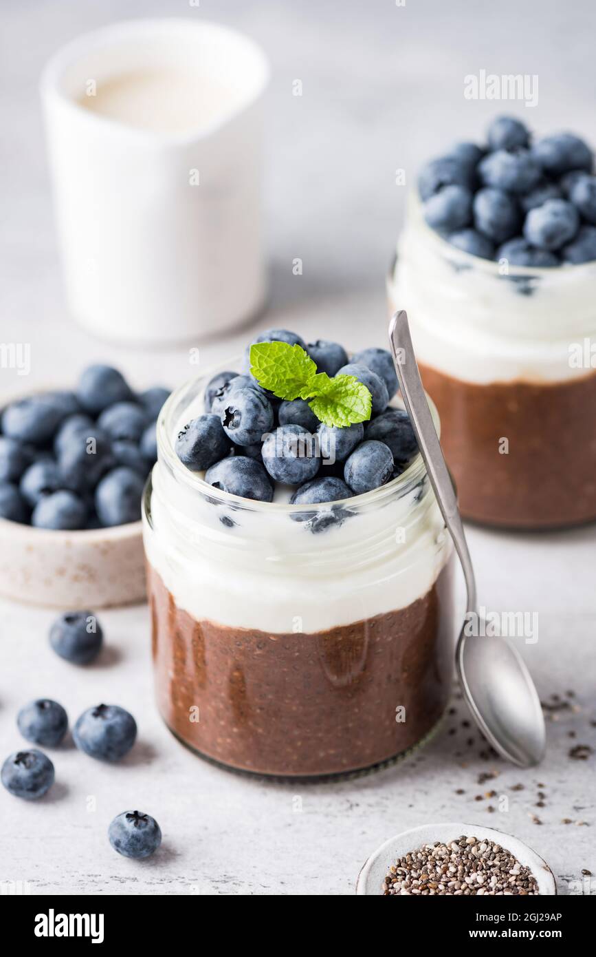 Chocolate chia pudding with greek yogurt in a jar topped with