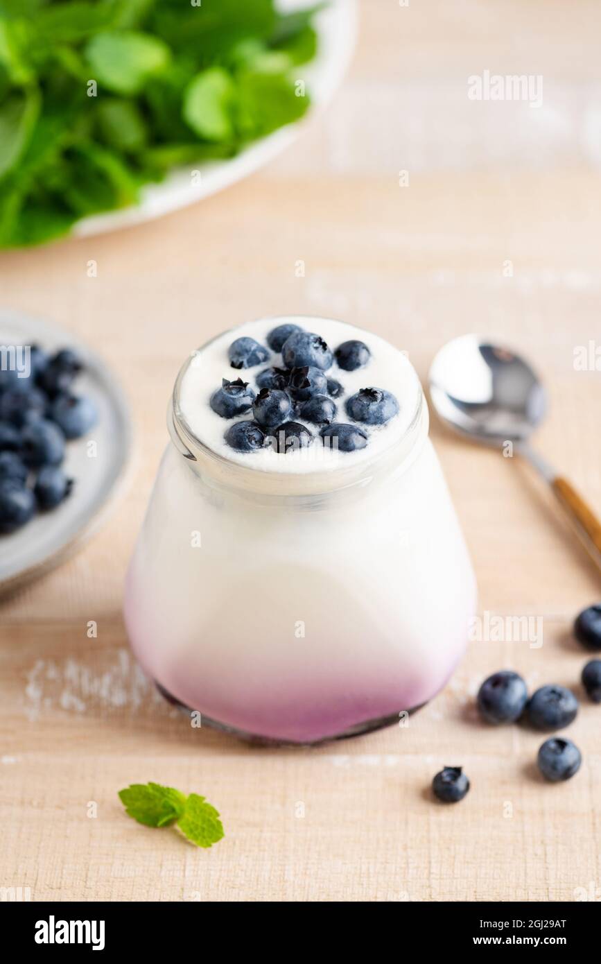 Blueberry yogurt in a jar on wooden table background. Healthy food rich in protein and calcium, weight loss product Stock Photo