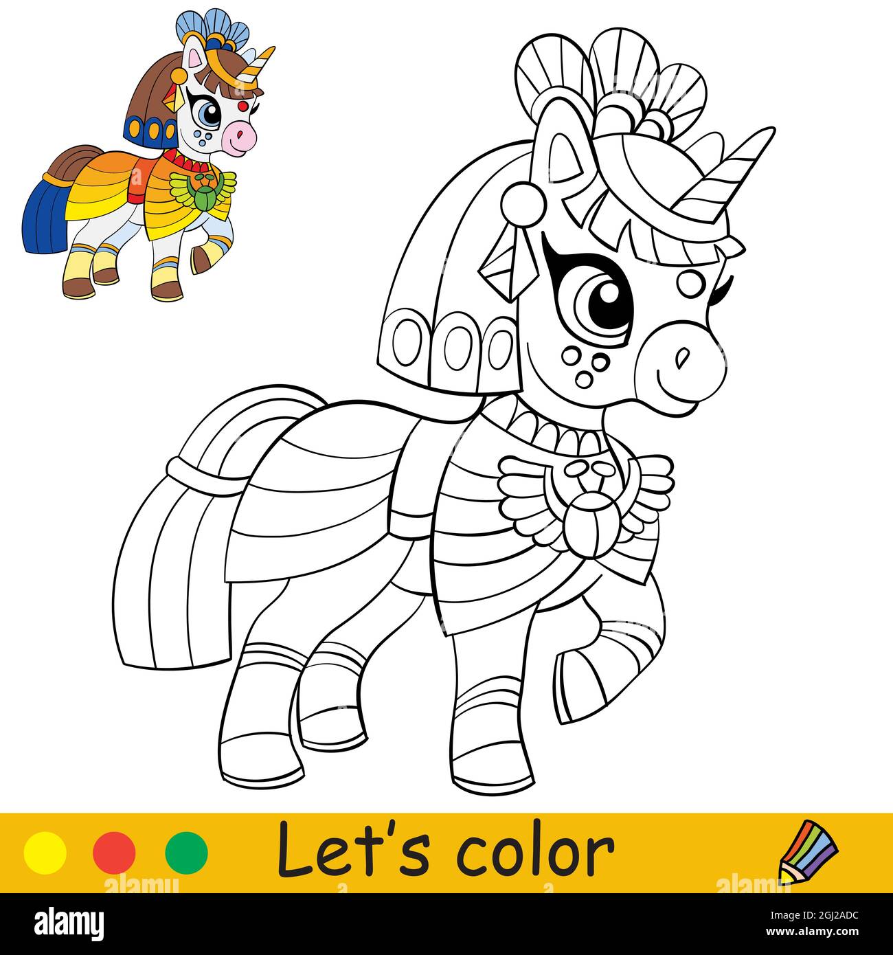 Cute unicorn in suit of Egyptian Princess. Halloween concept. Coloring book page for children. Vector cartoon illustration. For coloring book, educati Stock Vector