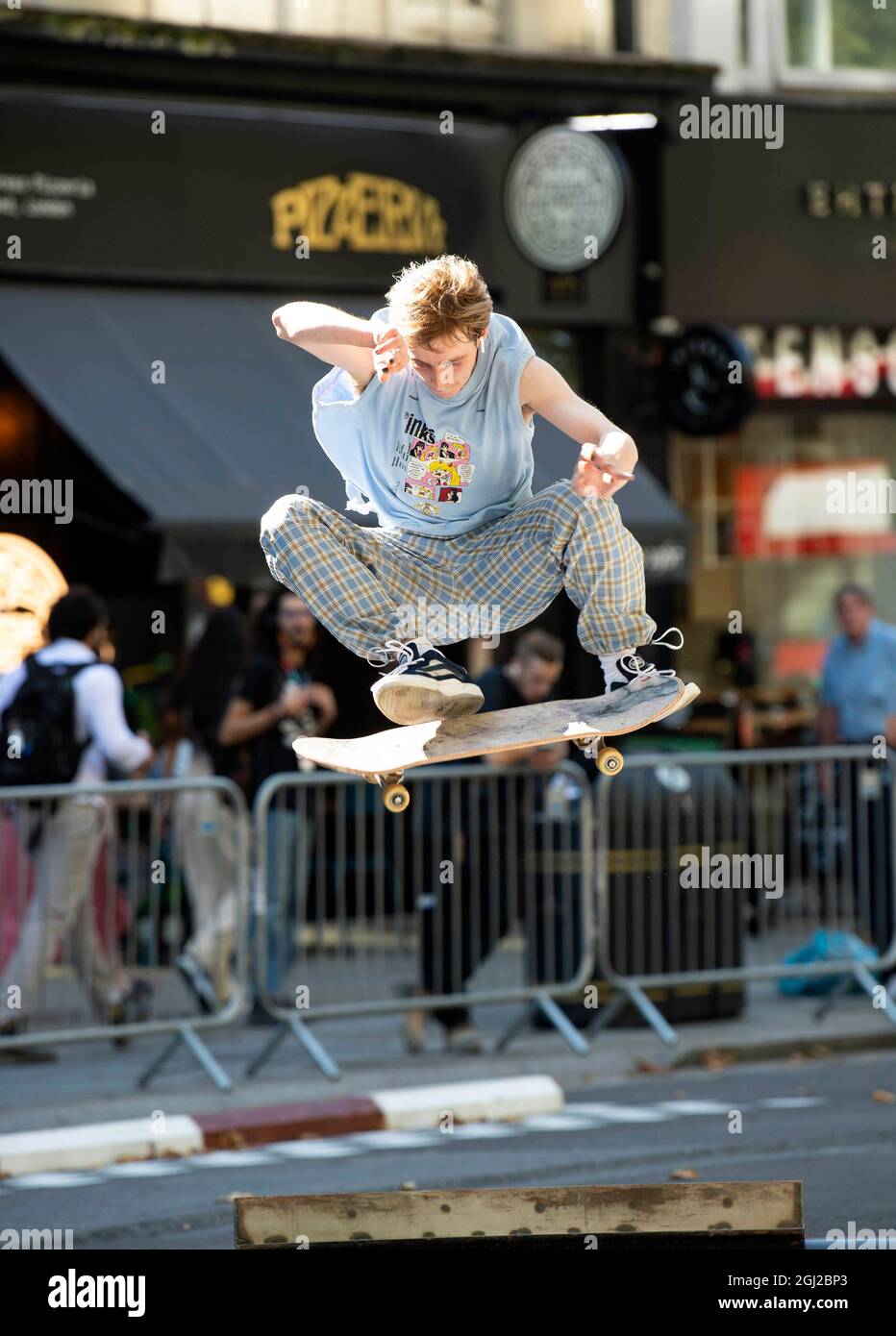 EDITORIAL USE ONLY Vans Team Riders perform tricks at the launch of the new  Vans 'Skate the Strand' experience, a pop-up skate park, which is part of  Westminster City Council's Inside Out