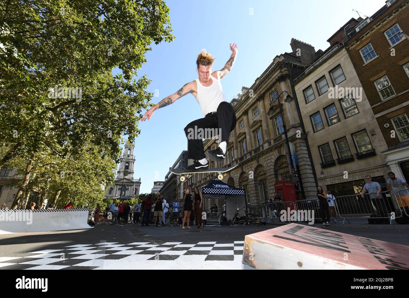 EDITORIAL USE ONLY Vans Team Riders perform tricks at the launch of the new  Vans 'Skate the Strand' experience, a pop-up skate park, which is part of  Westminster City Council's Inside Out