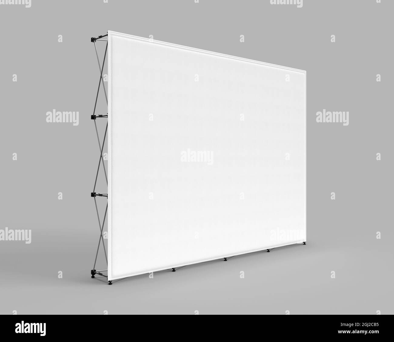 Wall Banner Cloth Exhibition Trade Stand, Photo realistic 3d render visualization of exhibition wall. White cloth skin isolated on grey background. Stock Photo