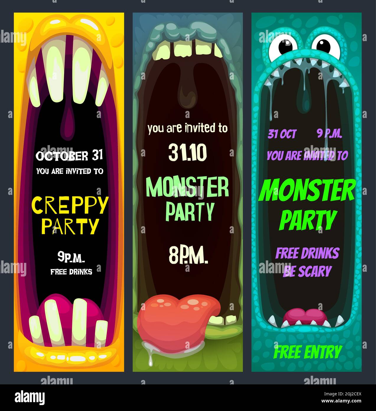 Halloween monster party vector invitations in cartoon frames of open mouth  and teeth of horror holiday vampire, zombie and demon with scary eyes, tong  Stock Vector Image & Art - Alamy