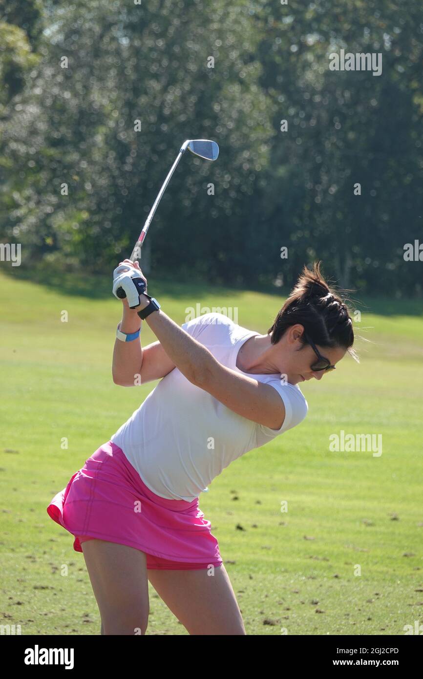 Wentworth, Surrey, UK. 8th Sep, 2021. Eilidh Barbour, BBS sport presenter  warms up at the Celebrity Pro-Am prior to the PGA European TourÕs flagship  event - the BMW/PGA Championship staged at the