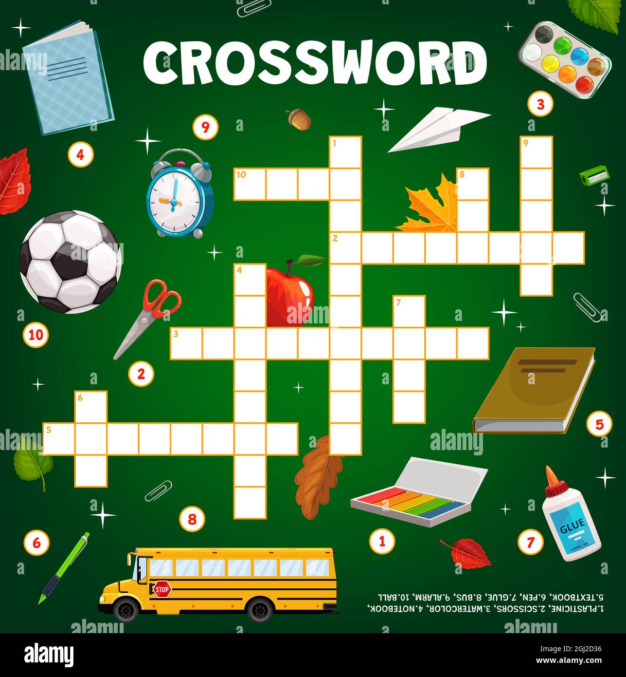 Crossword puzzle game, cartoon school education stationery, bus and ball,  vector. Find word quiz or kids riddle, cross words tabletop game or  workshee Stock Vector Image & Art - Alamy