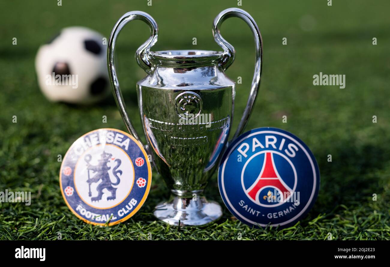 April 16, 2021 Moscow, Russia. The UEFA Champions League Cup and the  emblems of the football clubs Paris Saint-Germain F. C. and Chelsea F. C.  London Stock Photo - Alamy