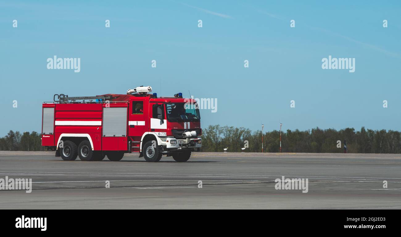 Moscow Fire Engine May 11, 2021 Moscow, Russia. A fire truck on the airfield of the ...