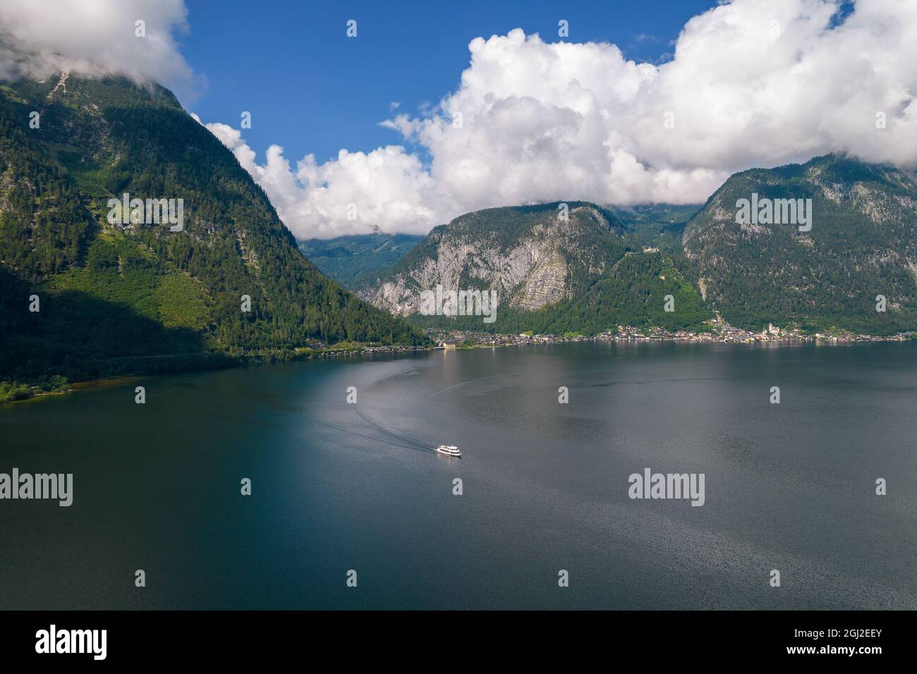 Aerial view of Lake Gosau, tourist boat and mountains Alps next to village Hallstatt in Austria, travel and nature concept Stock Photo