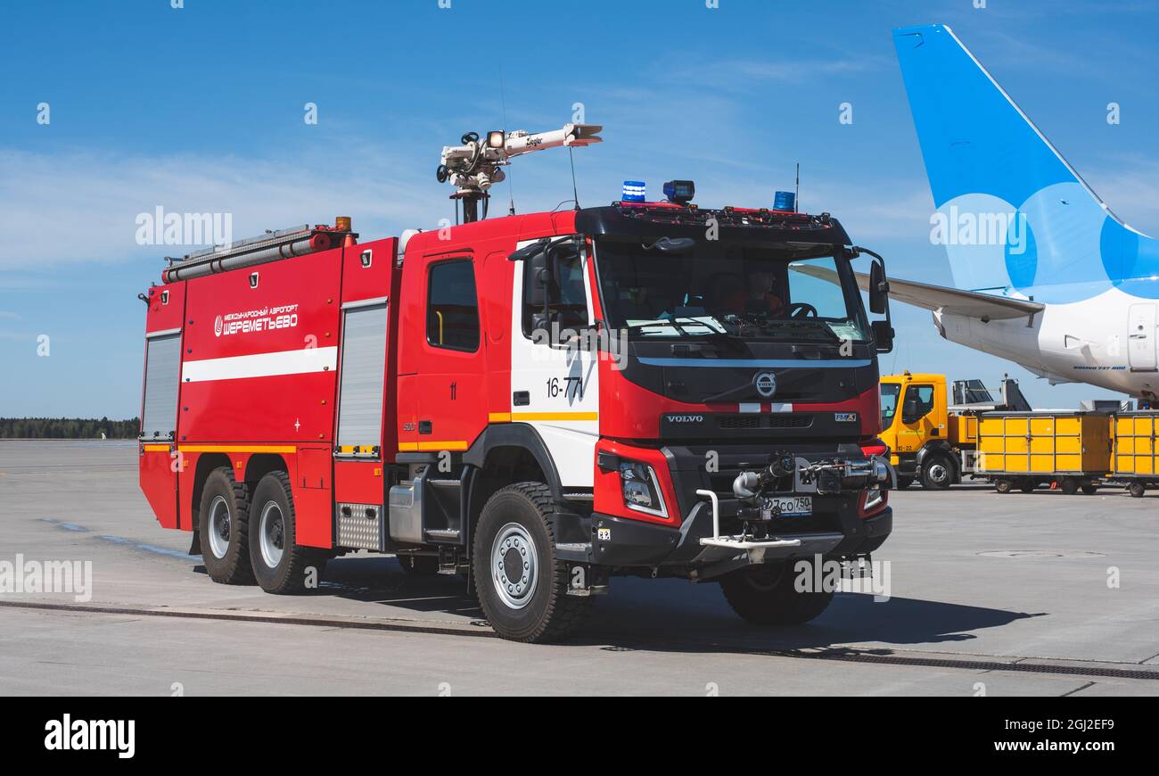 Moscow Fire Engine May 11, 2021 Moscow, Russia. A fire truck on the airfield of the ...