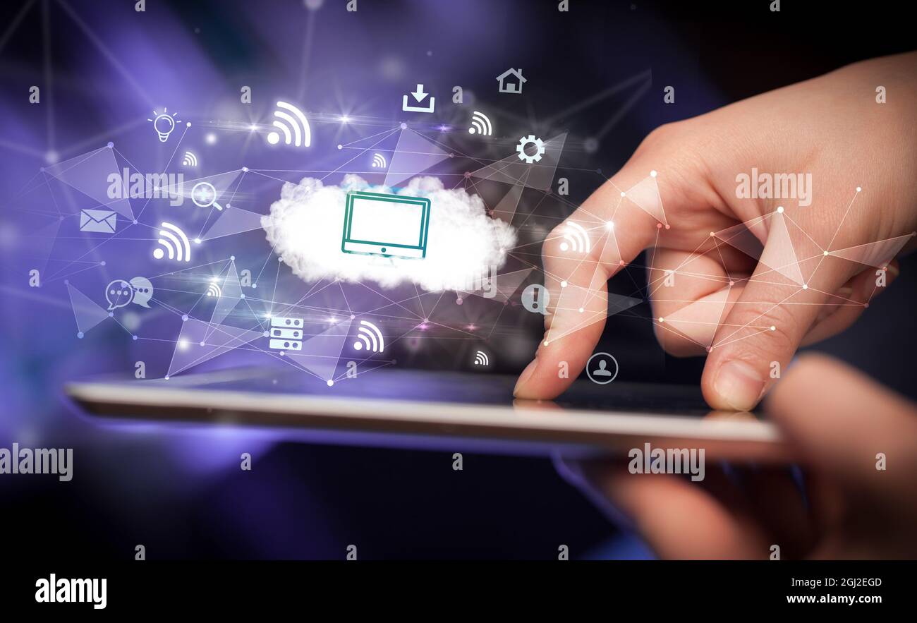 Close-up of a touchscreen with technology icons Stock Photo - Alamy