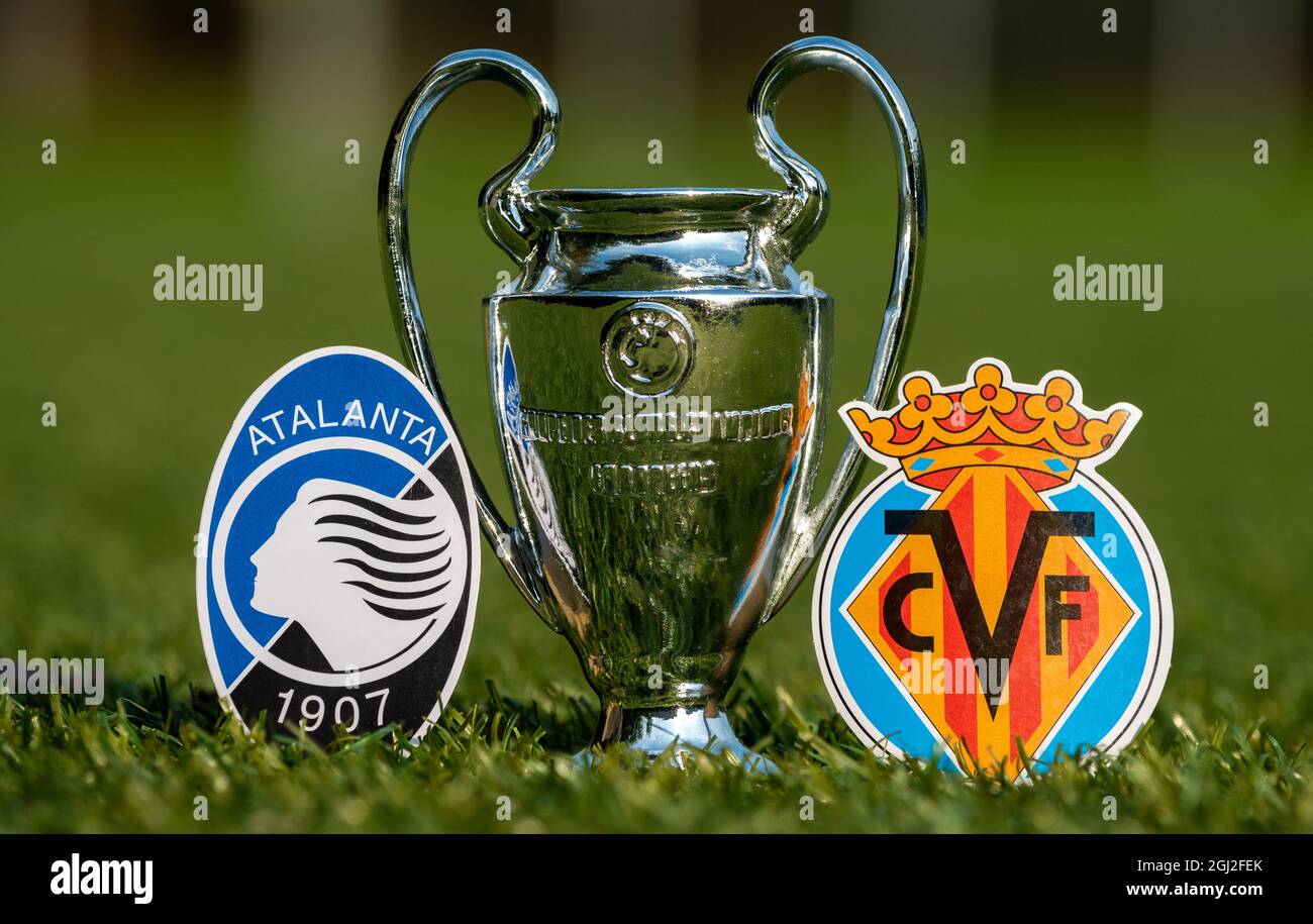 August 27 21 Bergamo Italy The Emblems Of Football Clubs Atalanta B C And Villarreal Cf And The Uefa Champions League Cup On The Green Lawn Of T Stock Photo Alamy