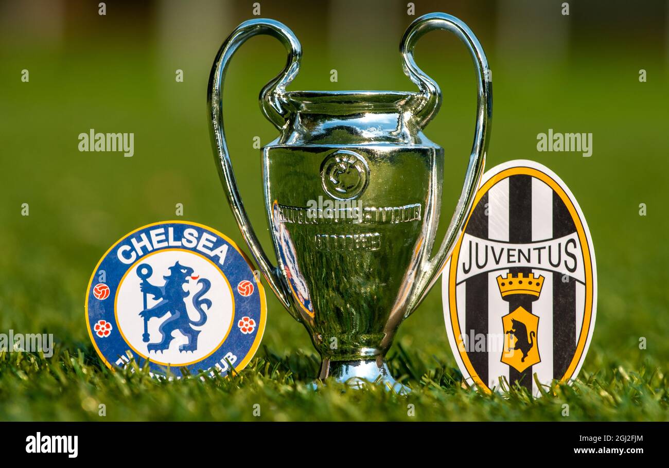 August 27 21 London England The Emblems Of Football Clubs Chelsea F C London And Juventus F C Turin And The Uefa Champions League Cup On The Gr Stock Photo Alamy