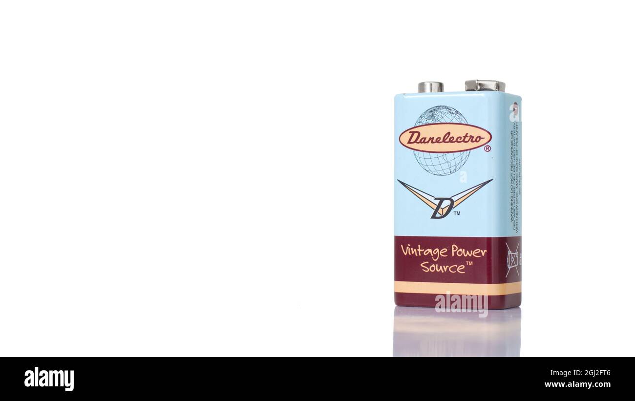 Pleasant Valley, Canada - September 02, 2021: Danelectro nine volt battery on white. Danelectro is an American brand of musical instruments and access Stock Photo