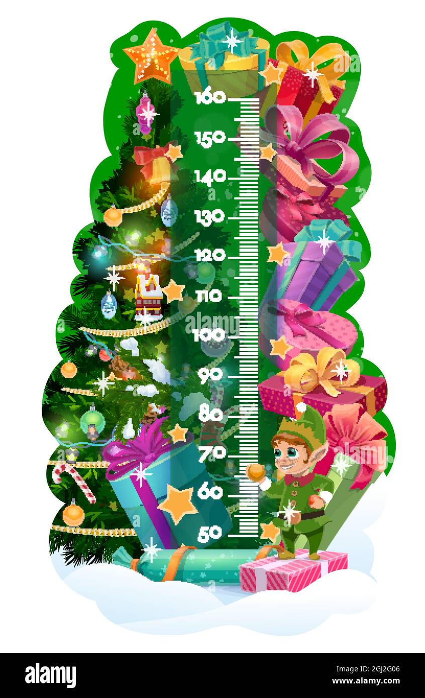 Kids height chart, Christmas tree, gifts and cute elf. Vector children