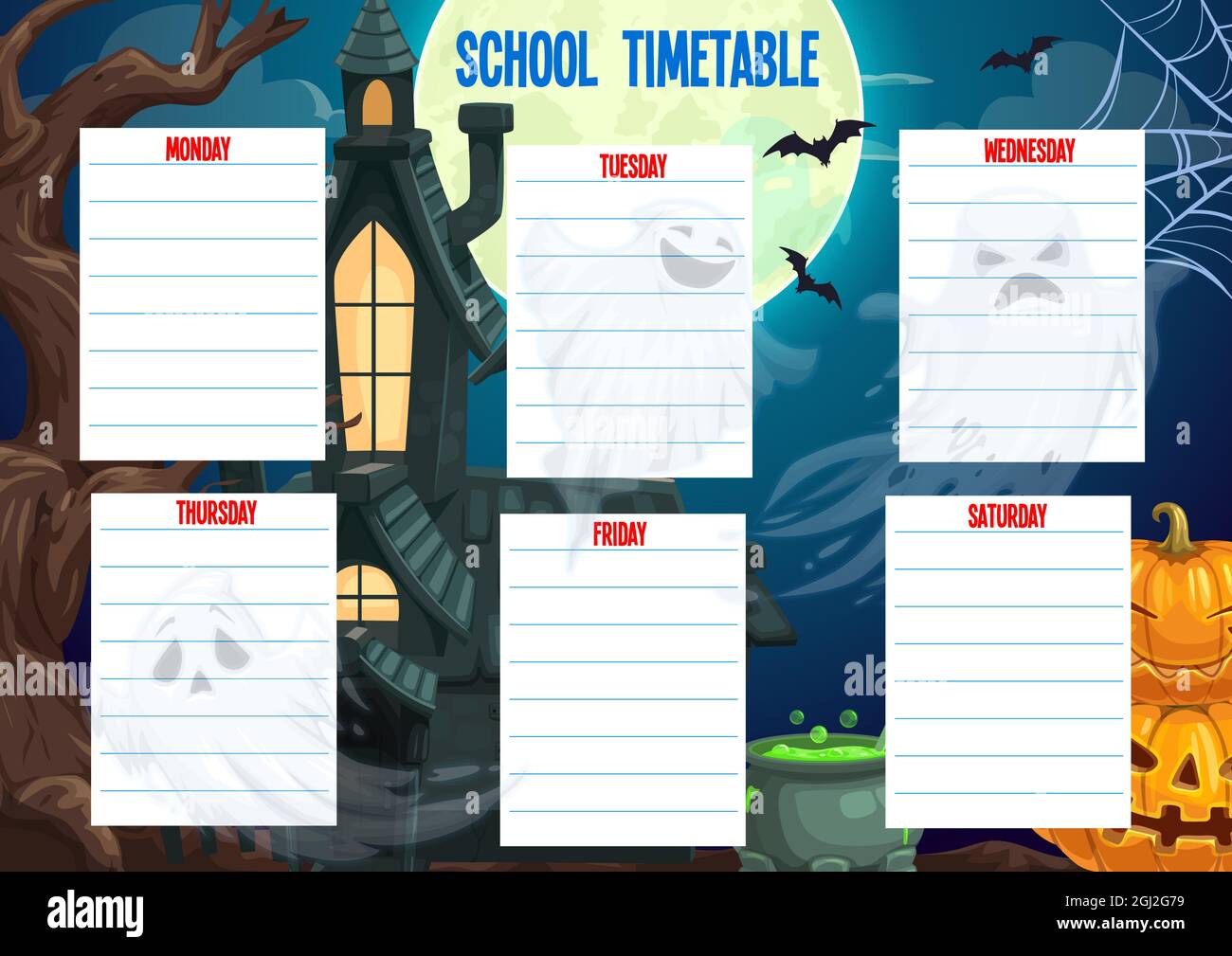 School timetable schedule Halloween weekly planner, vector cartoon template. Halloween school time table and week schedule organizer and study with pu Stock Vector