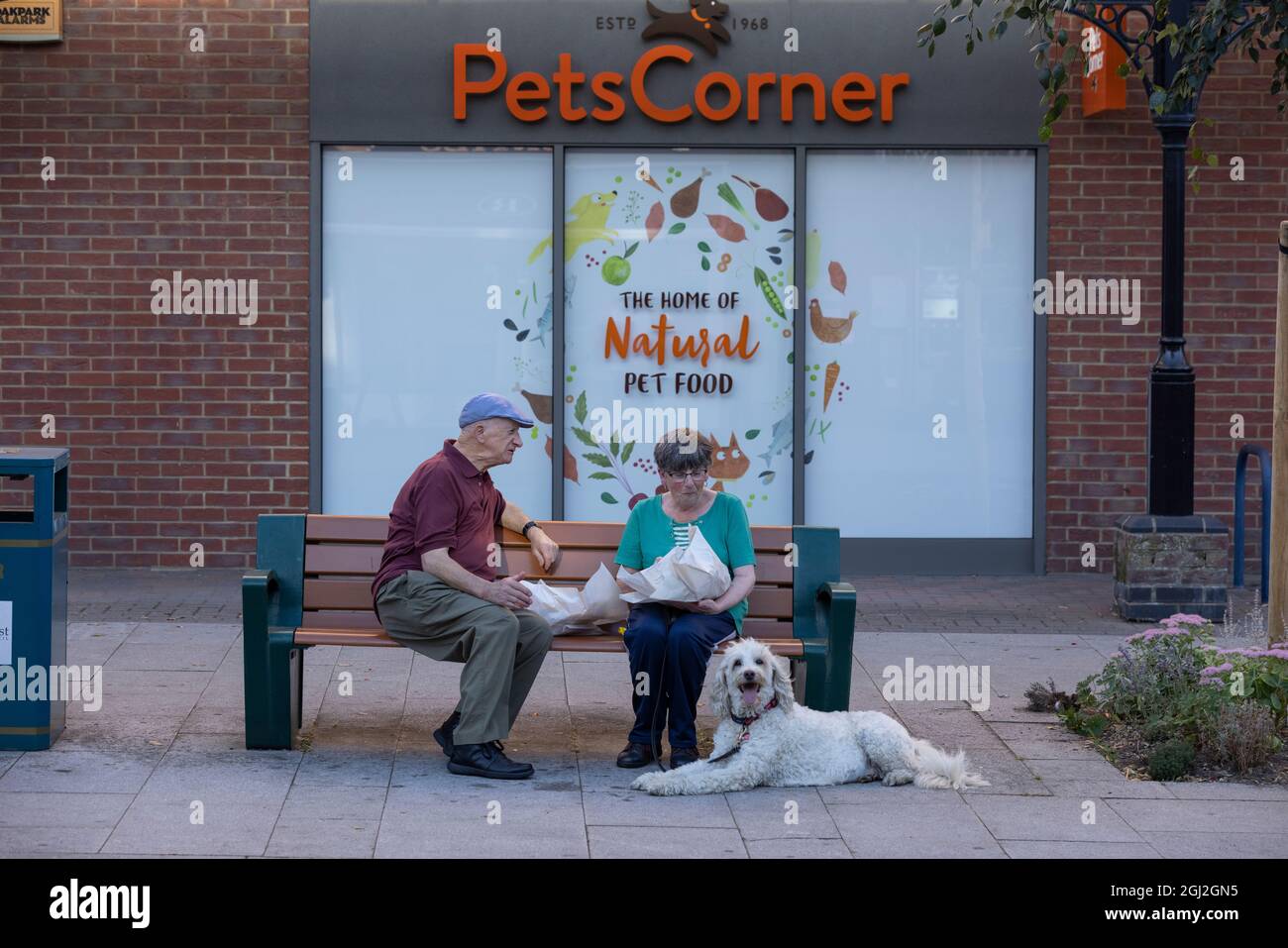 A retired couple sit eating fish & chips on a bench with their pet dog outside 'Pets Corner' on the high street of New Milton, Hampshire, England, UK Stock Photo