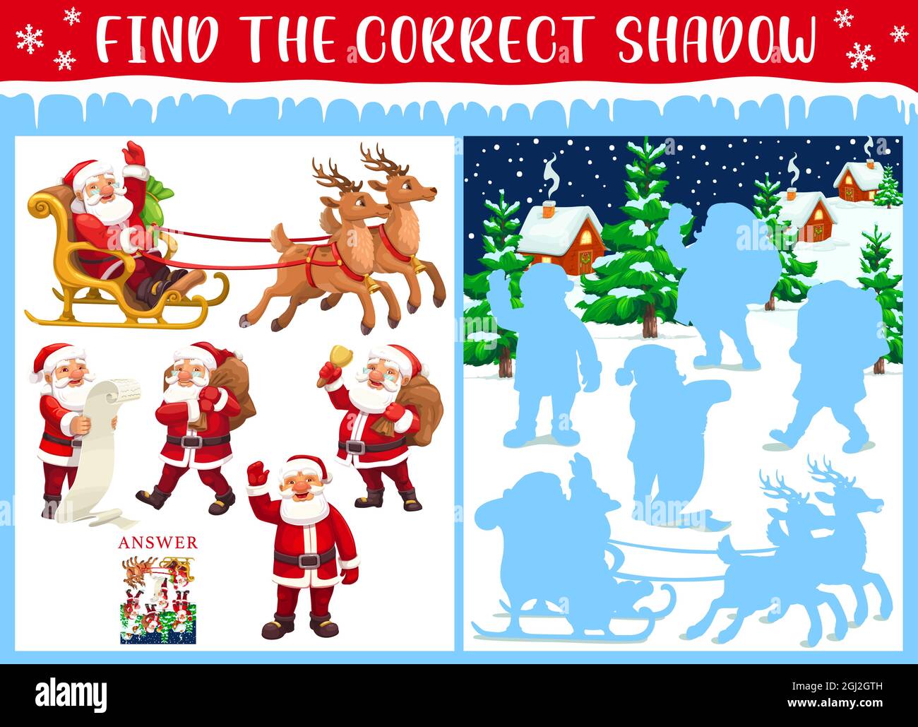Christmas vector game or puzzle, find correct shadow of Santa Claus ...