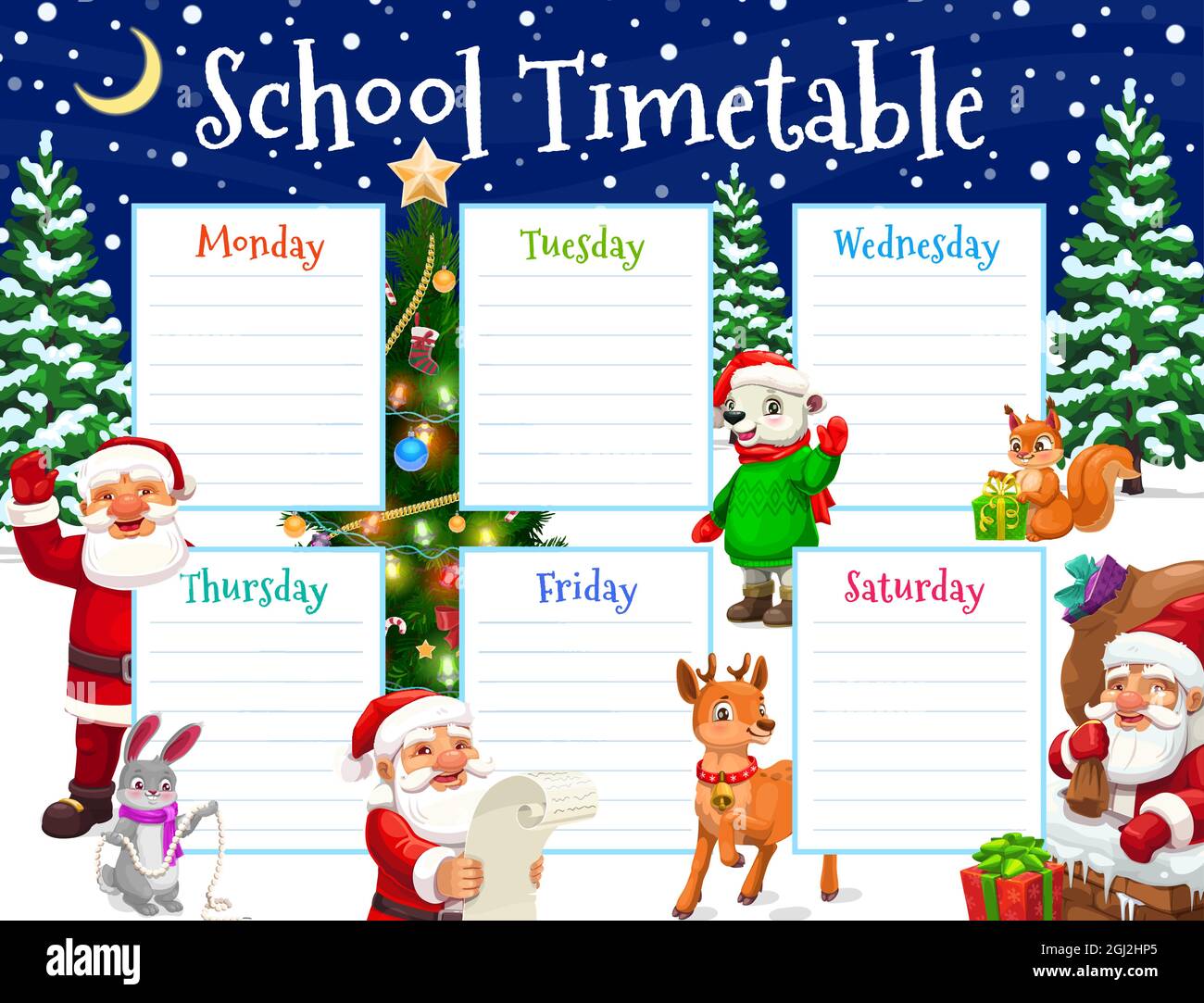 school-timetable-or-week-schedule-with-vector-background-of-christmas-cartoon-characters-student-time-table-weekly-study-plan-lesson-planner-class-stock-vector-image-art-alamy