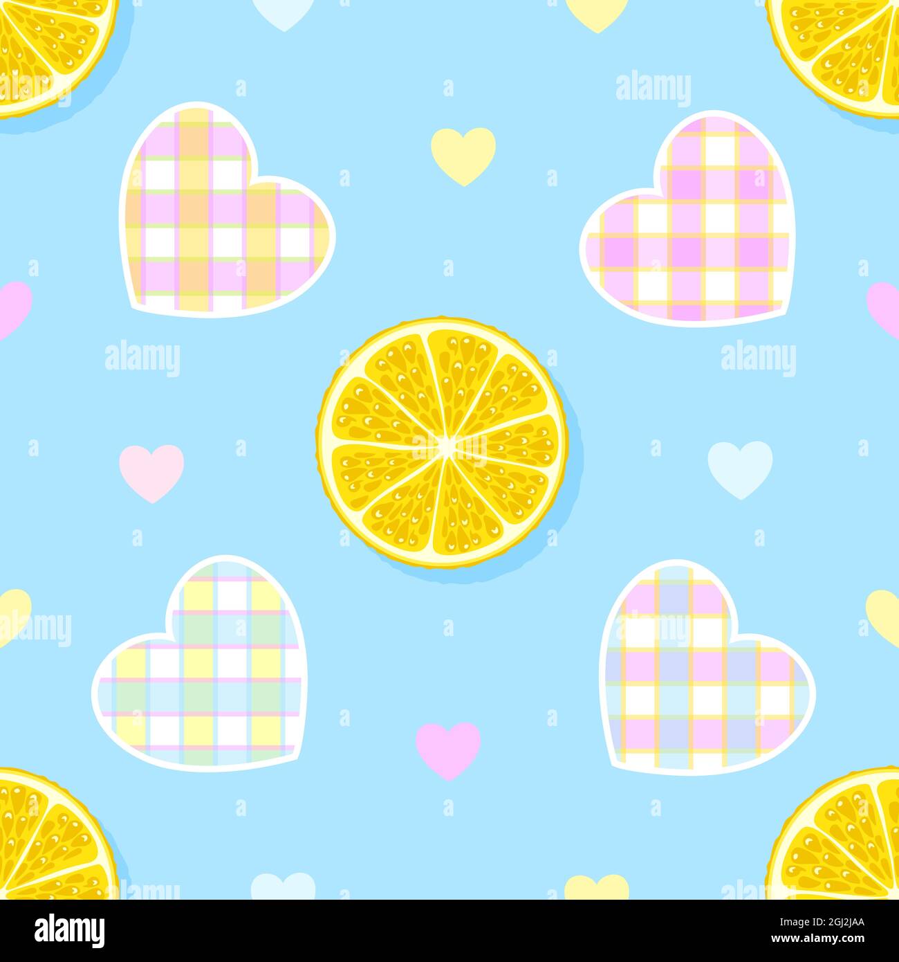 Seamless pattern of lemon slices with cute hearts in a box on a blue background. Vector illustration. Stock Vector