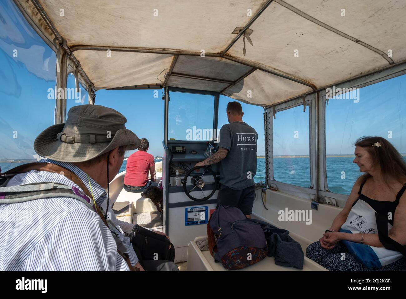 People on the Hurst Castle Ferry, which takes visitors from Keyhaven to the castle for day trips, Hampshire, England, UK Stock Photo