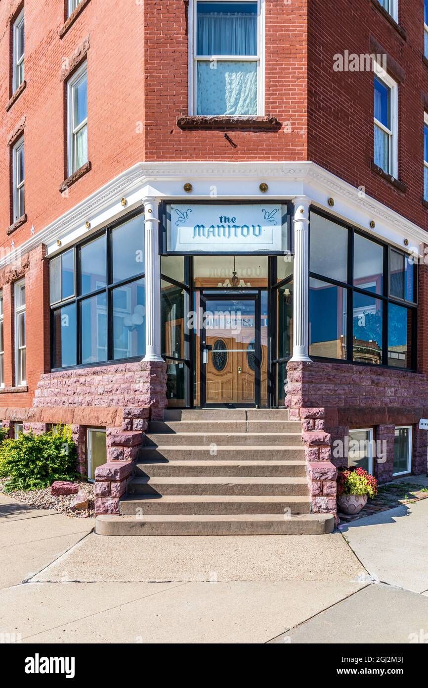 LUVERNE, MN, USA-21 AUGUST 2021: Entrance to The Hotel Manitou, a renovated 4 level home with 15 bedrooms and 23,000 SF of living space. Stock Photo