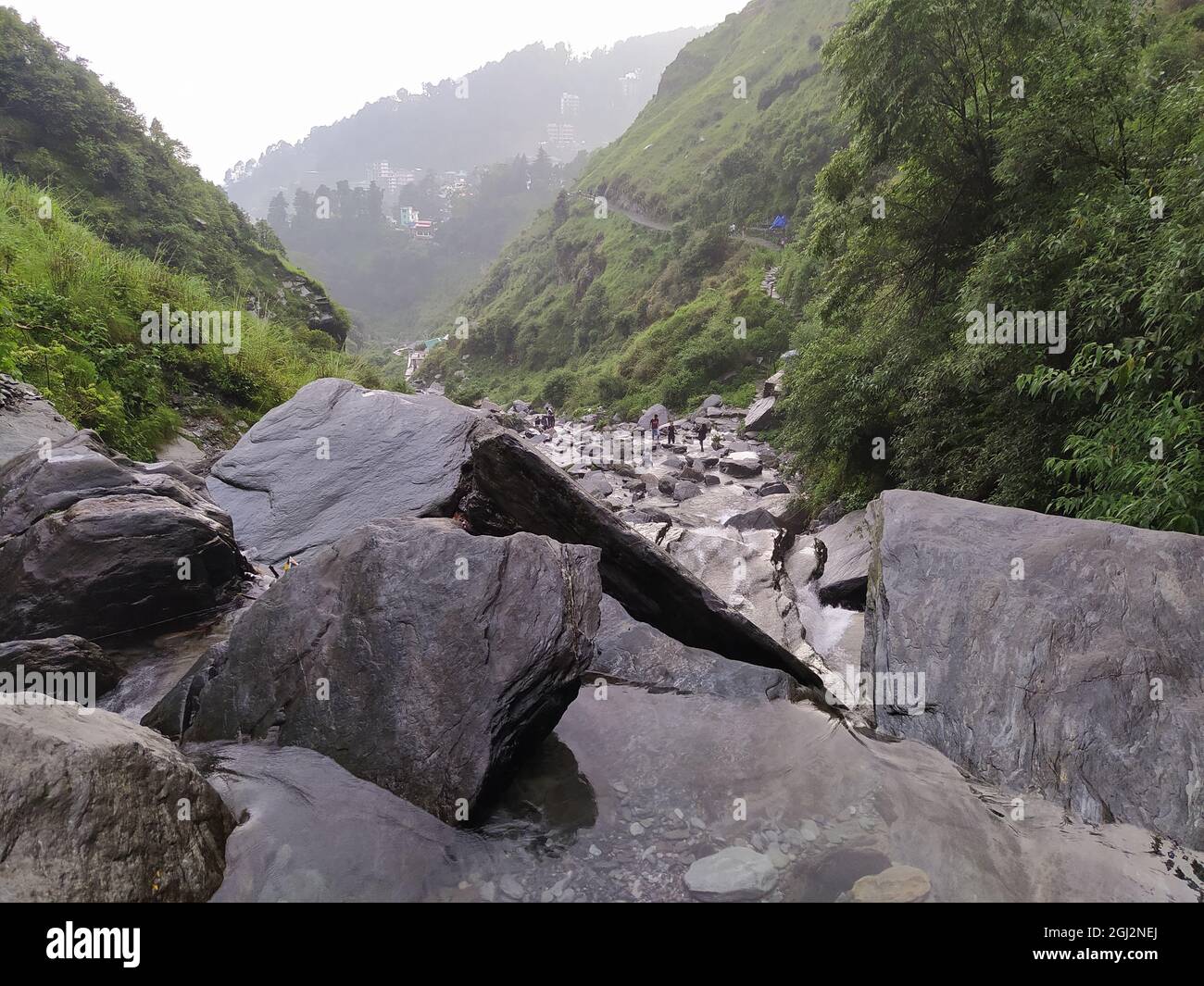 Rocky green mountain under a foggy sky Stock Photo - Alamy