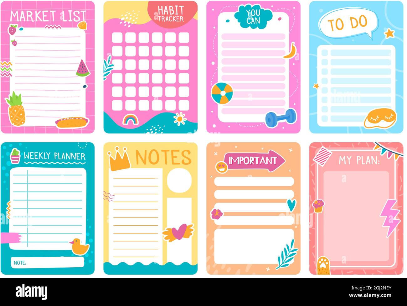 Cute planner pages with stickers, notebook or diary template. Weekly planner, to do list, habit tracker kids journal page design vector set. Schedule, you can and plans checklist for print Stock Vector