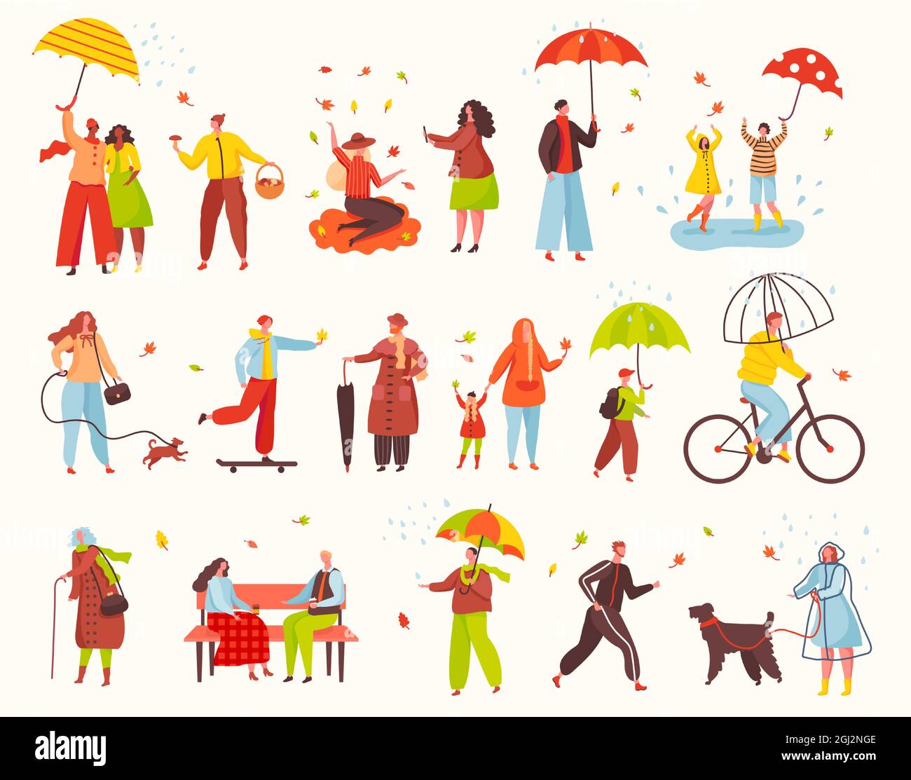 People walking with umbrellas under rain in autumn season park. Characters in warm clothes riding bike, walking dog. Fall activities vector set. Collecting mushrooms taking photos with leaves Stock Vector
