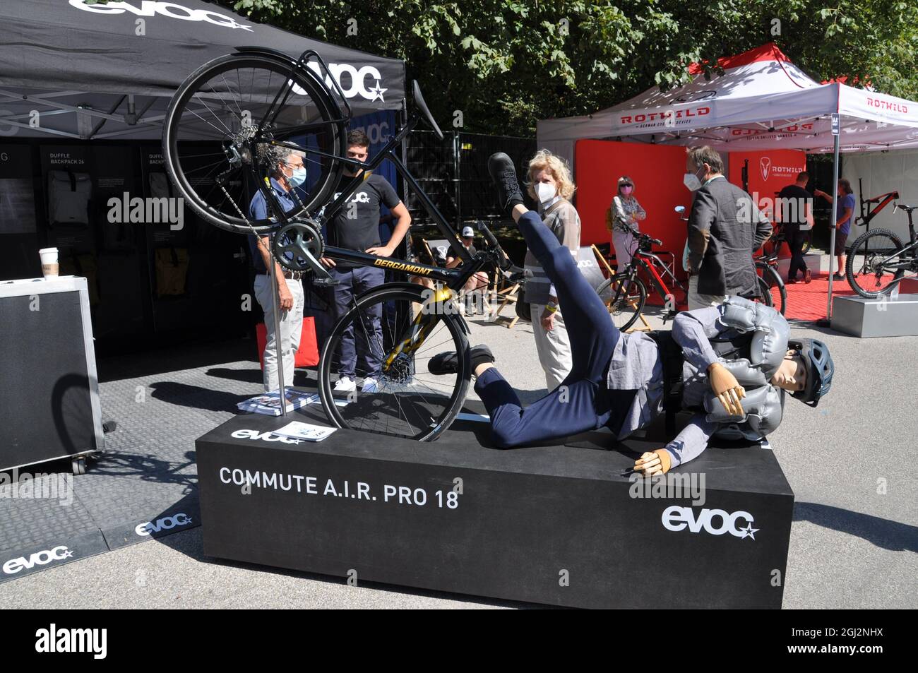Mnichov, Germany. 08th Sep, 2021. EVOC Commute A.I.R. Pro Pack, backpack  airbag for cyclists is presented during the International Motor Show IAA  MOBILITY 2021 in Munich at Open Space Odeonsplatz, Germany, September