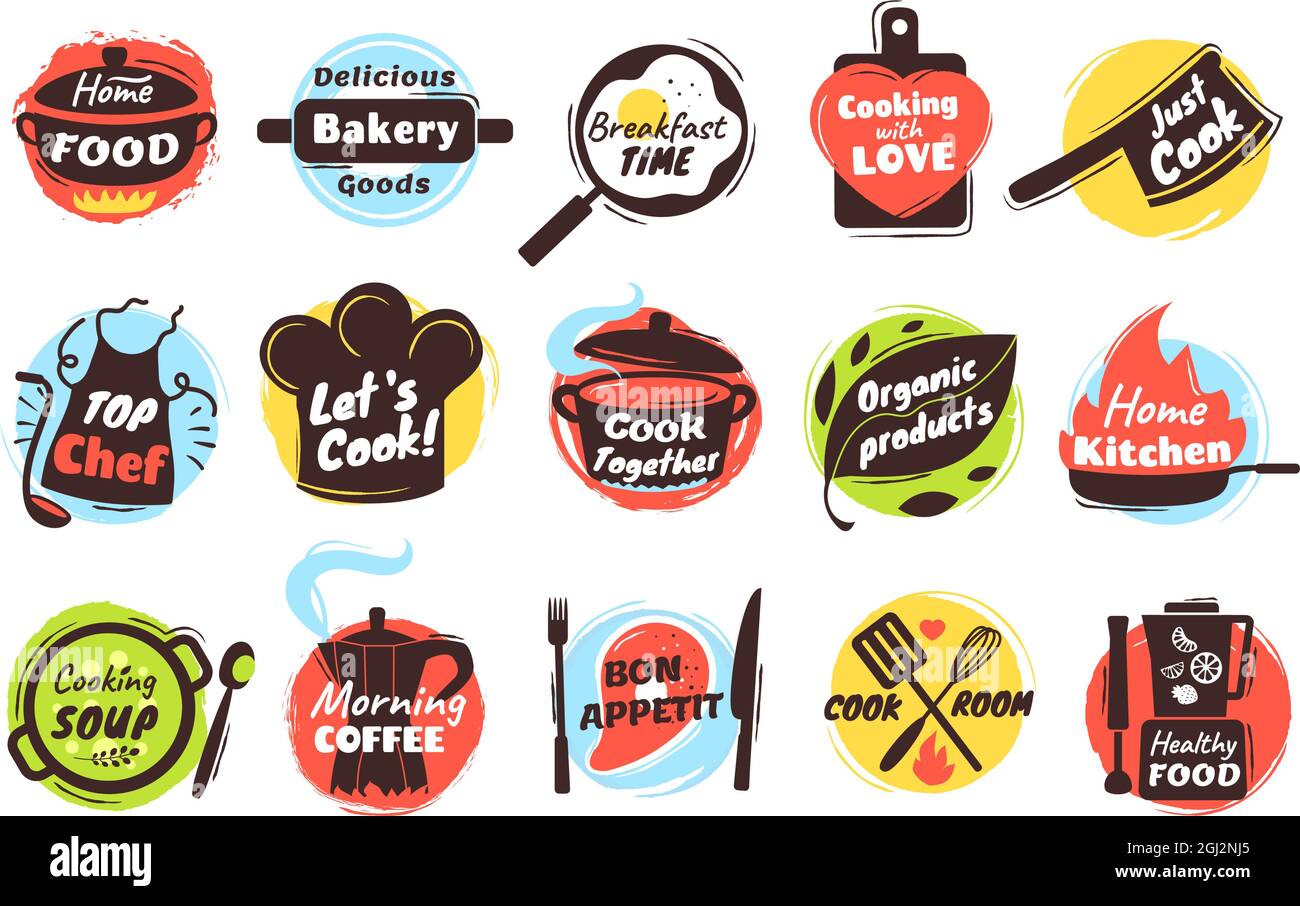 Cooking lettering logo, kitchen utensils labels with quotes. Culinary doodles, cook badges for street food festival poster or menu vector set. Kitchenware emblems for shop, masterclass and cafe Stock Vector