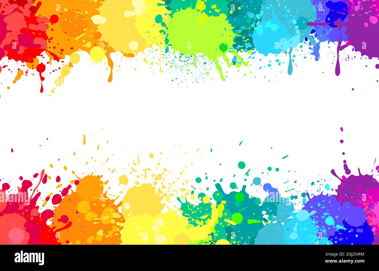 Colorful paint splatter background, painted rainbow splashes. Colored watercolor splash, abstract color spray paints explosion vector banner. Space for text with stains border or frame Stock Vector