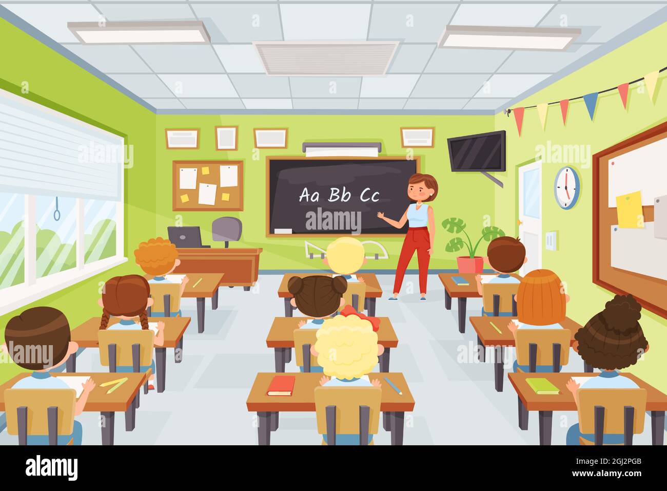 Cartoon kids and teacher in classroom, elementary school pupils studying. Young students listening to teacher at lesson vector illustration. Children sitting at desks and learning alphabet Stock Vector