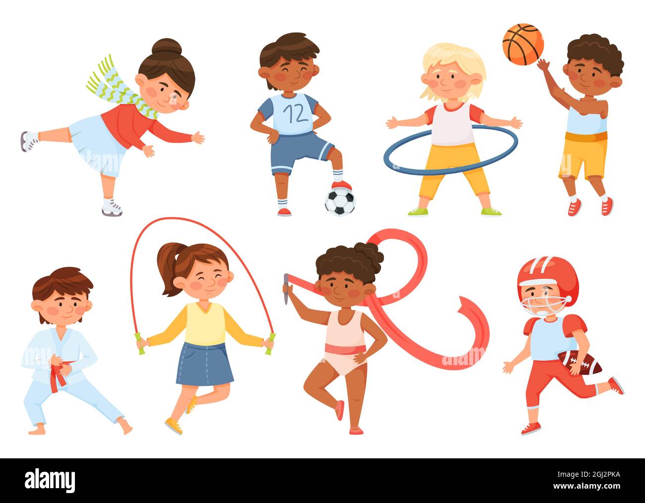 Cartoon children exercising, kids doing sports and gymnastics. Boys and girls playing ball, ice skating, skipping rope, doing karate vector set. Active and healthy lifestyle activities Stock Vector