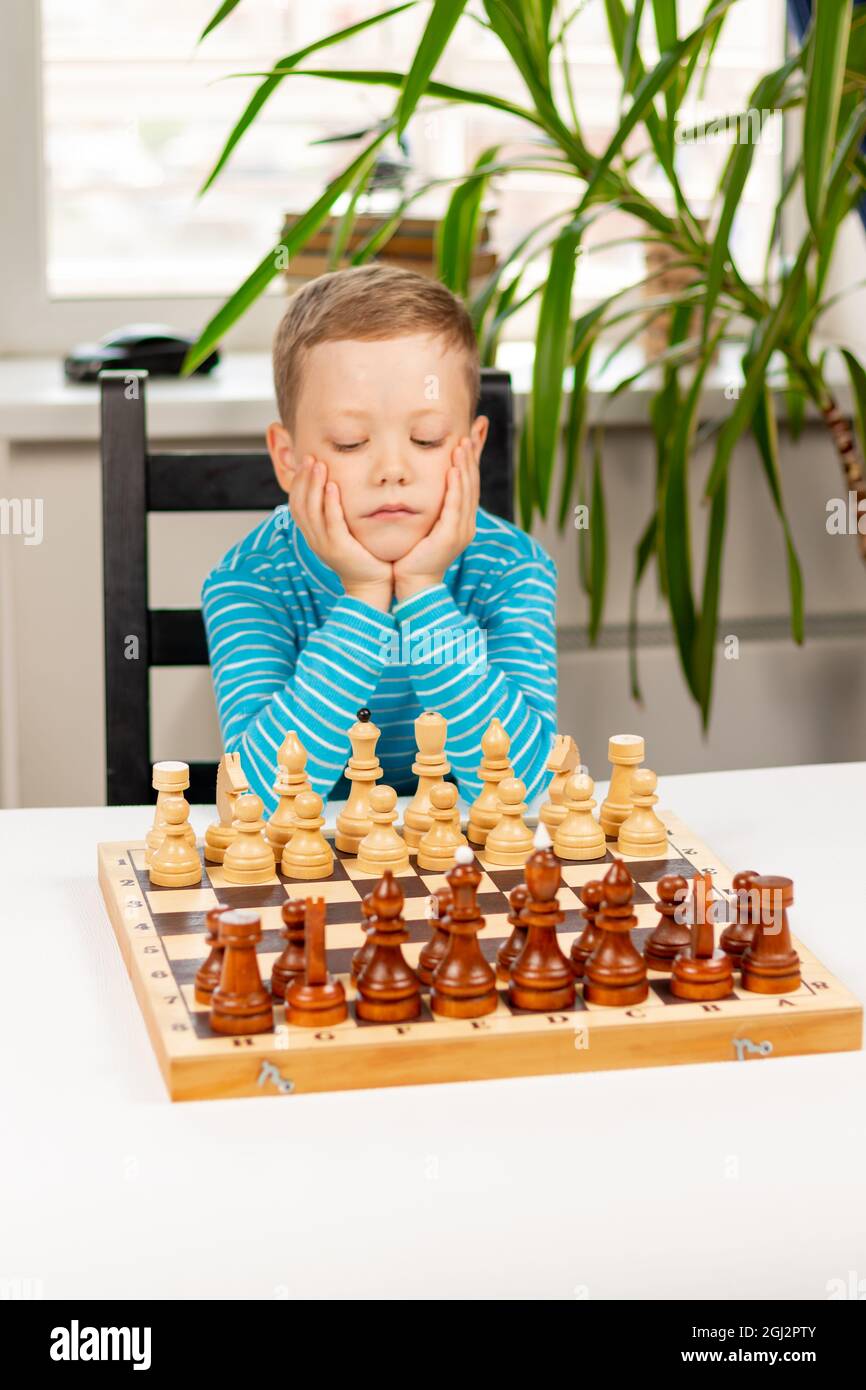 Young white child playing a game of chess on large chess board. Chess board  on table in front of school boy thinking of next move by Len44ik Vectors &  Illustrations with Unlimited