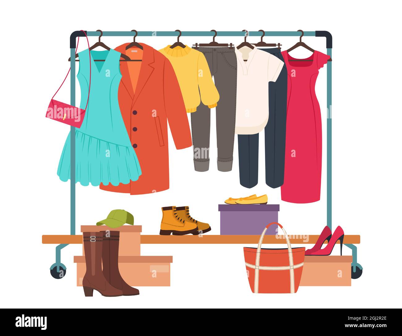 Clothes hanging on rack, garment rail with casual women clothing. Fashion girl wardrobe, female clothes on hangers vector illustration. Apparel as dress, coat, trousers and accessories Stock Vector
