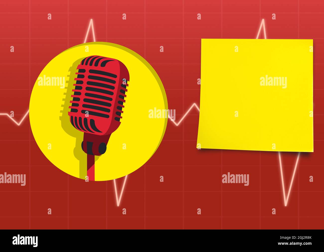 Composition of red retro microphone, yellow circle and square over heartbeat  monitor on red Stock Photo - Alamy