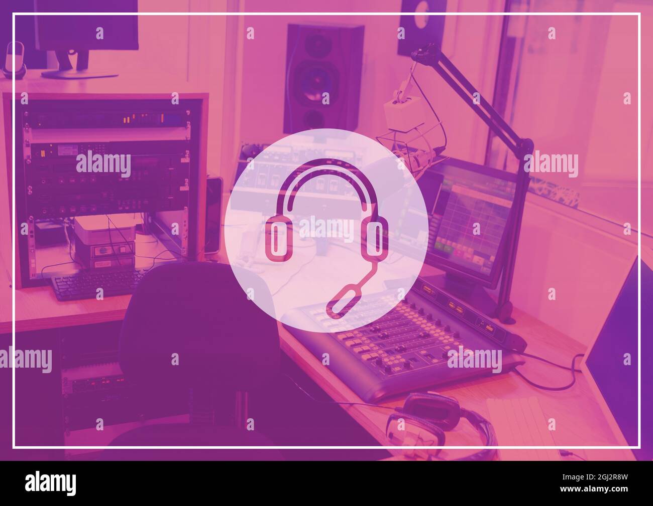 Composition of headset and microphone symbol over digital audio workstation home studio in pnk Stock Photo