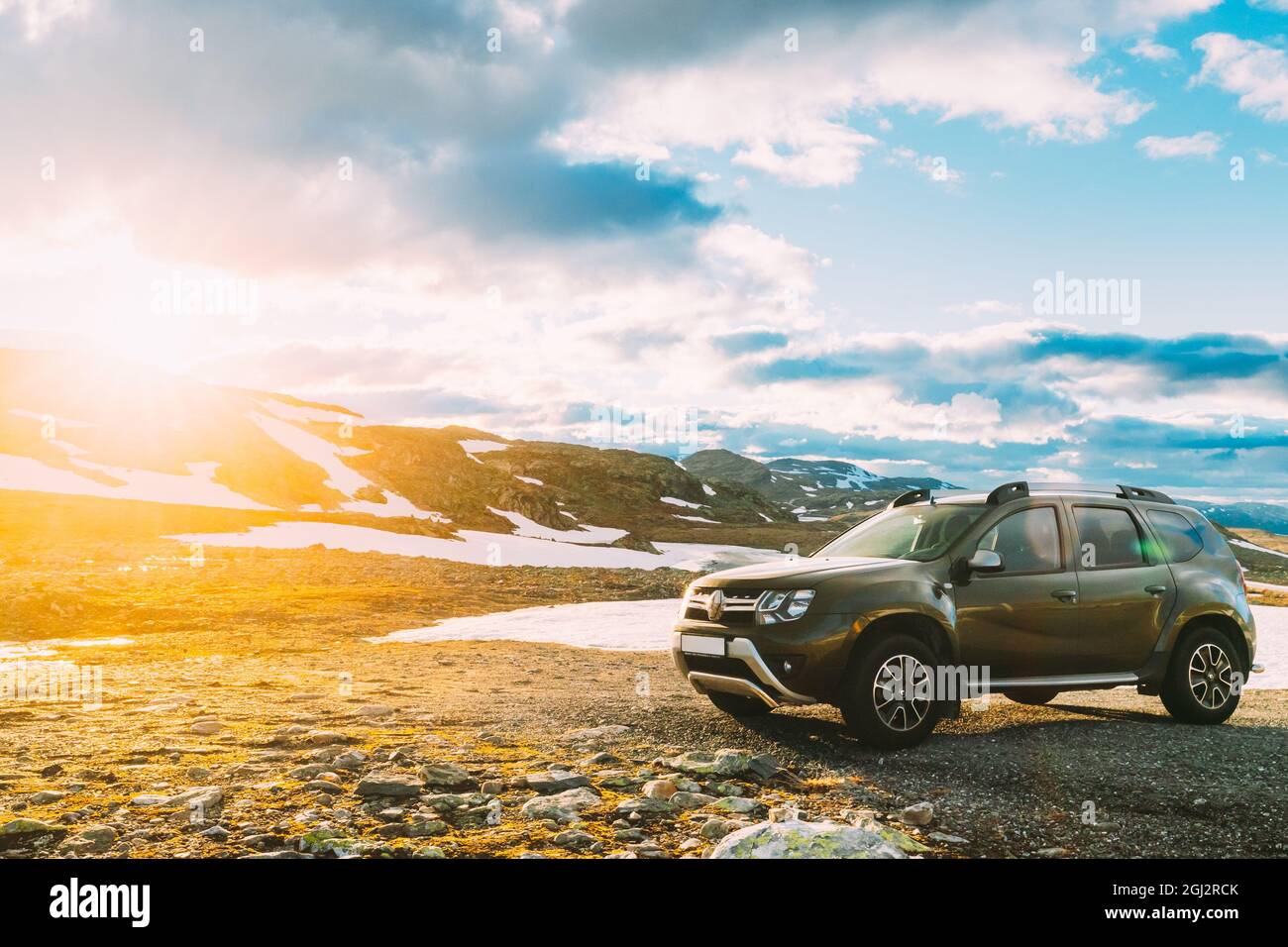 Aurlandsfjellet, Norway. Car Renault Duster SUV Parked Near Aurlandsfjellet Scenic Route Road In
