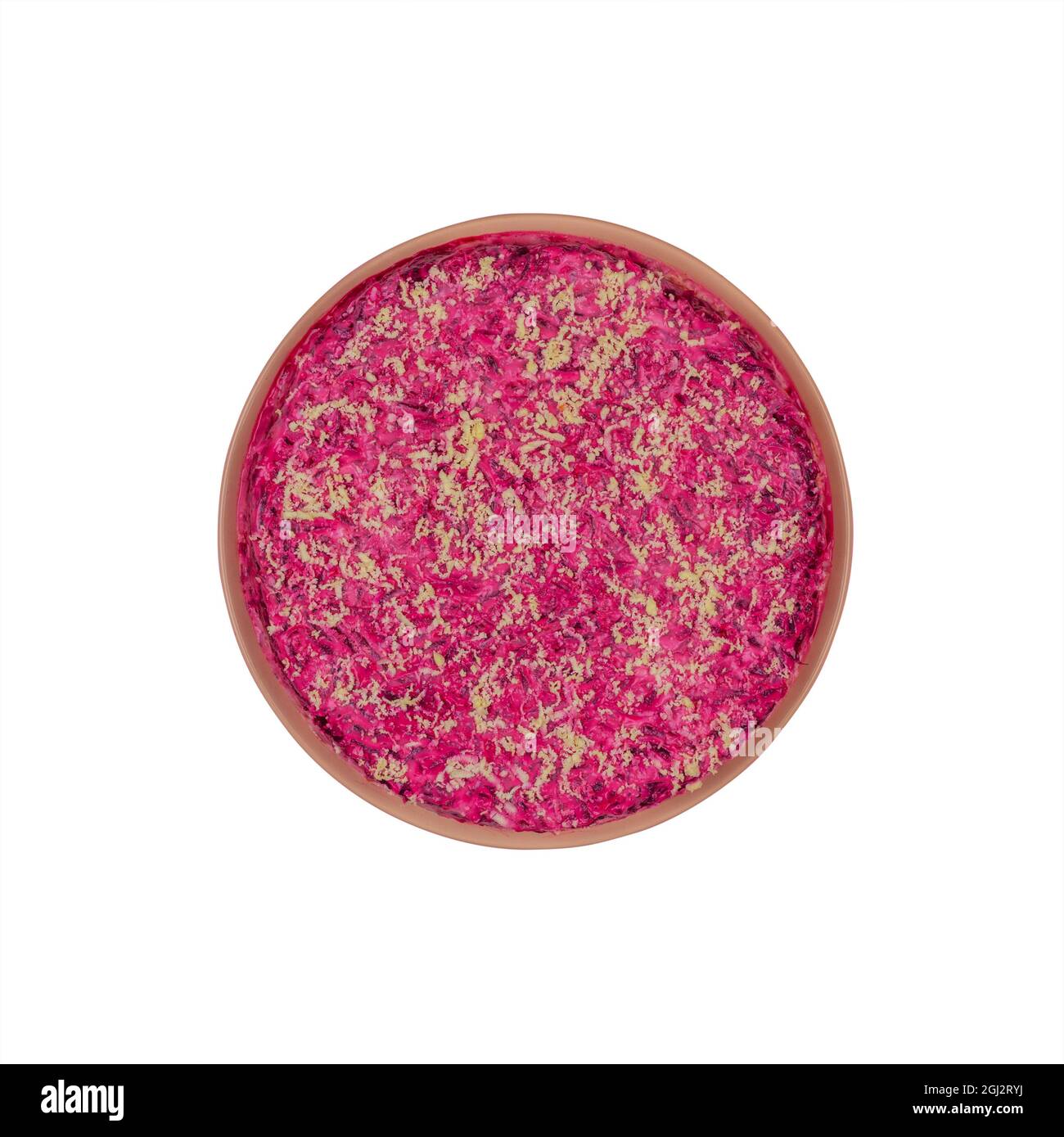 traditional Russian holiday salad Herring under a fur coat (shuba) isolated on a white background top view Stock Photo