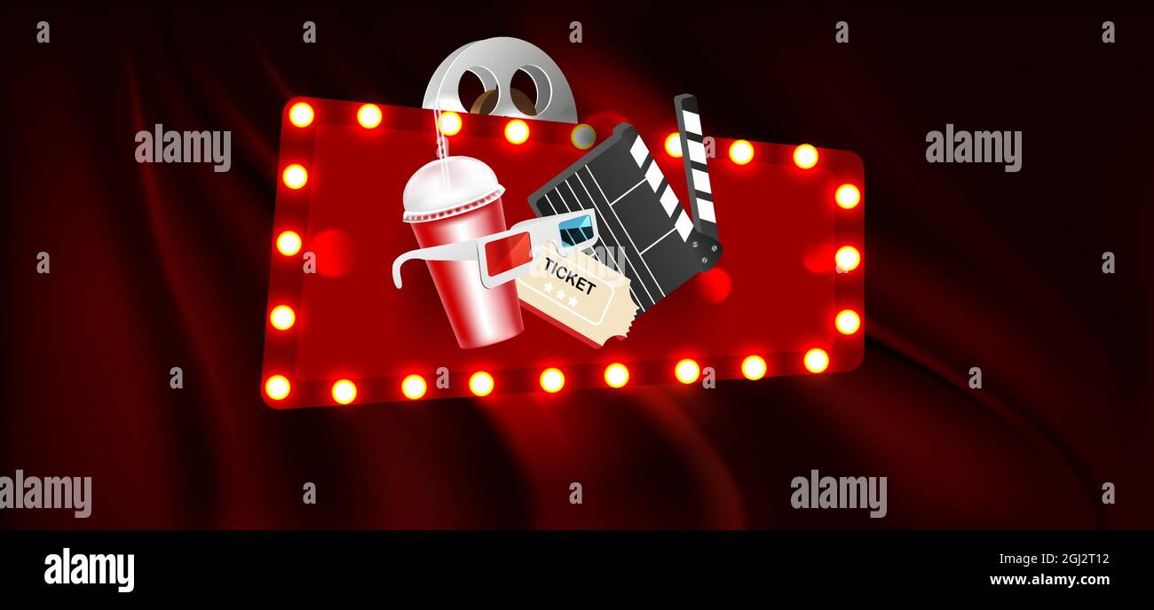 Theater sign or movie sign on curtain with spot light, frame, border