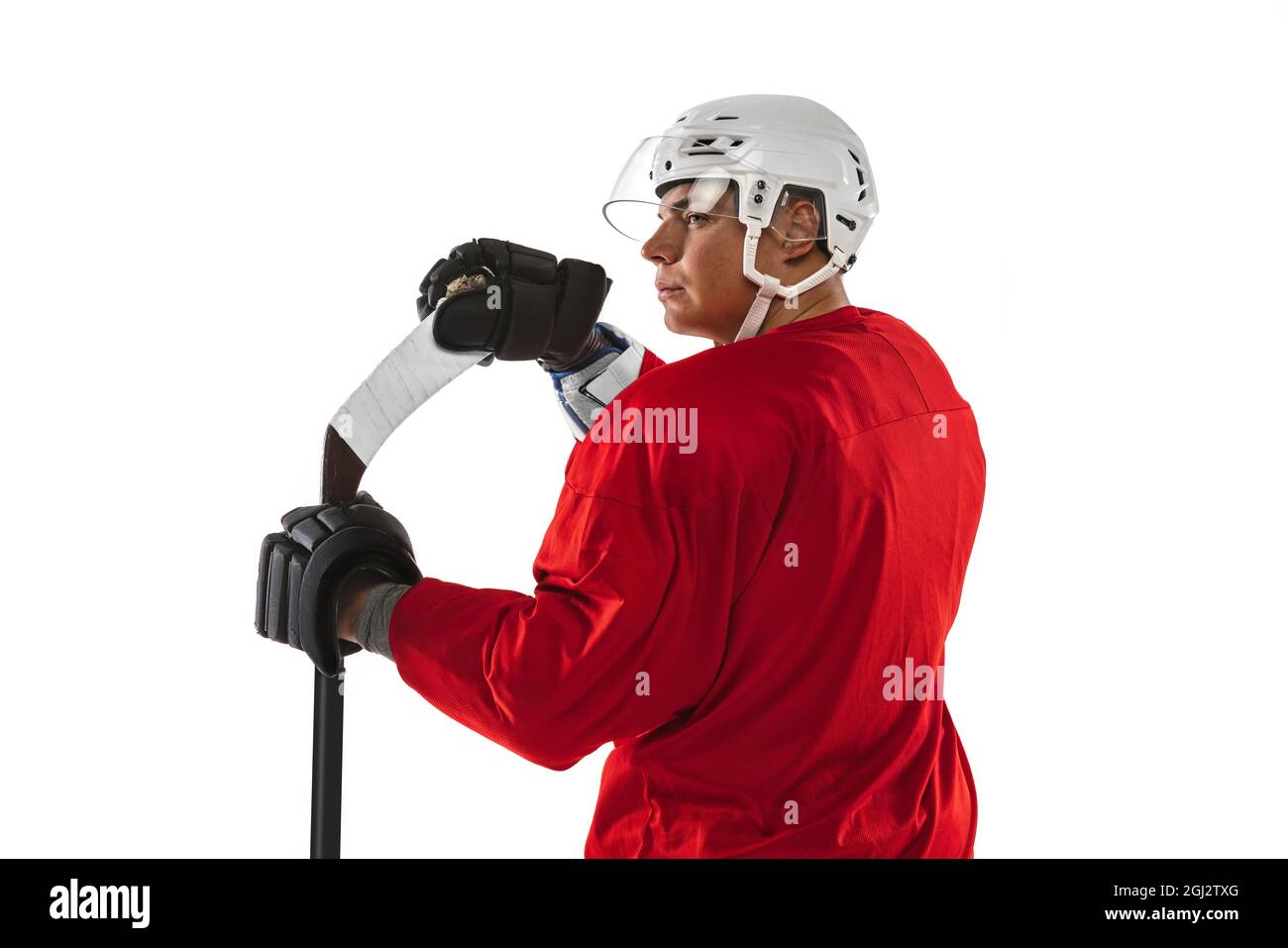 Back view. Cropped closeup portrait of male professional hockey player