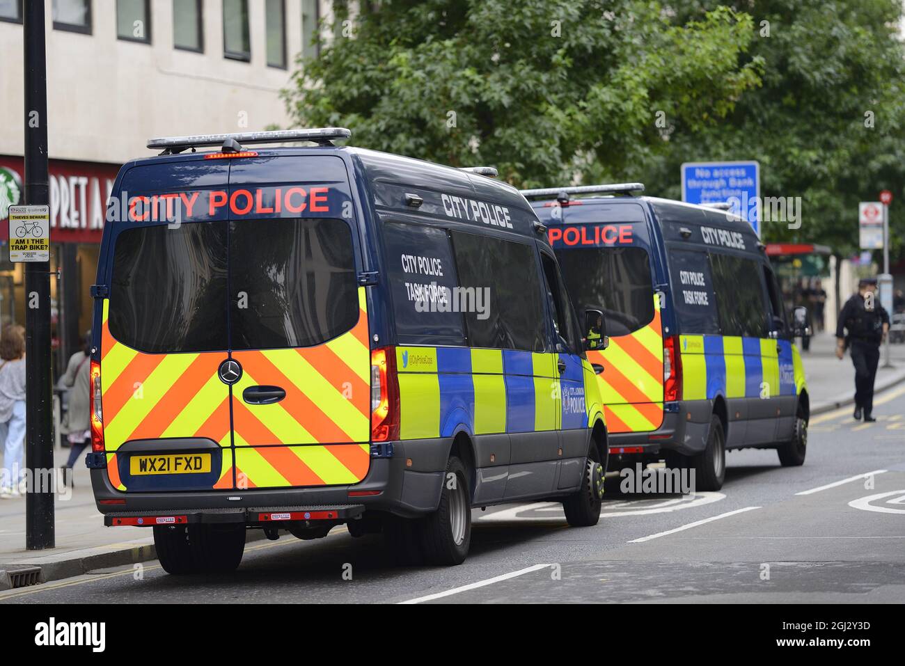 London, England, UK. Police vans at a protest by Extinction Rebellion in central London, September 2021 Stock Photo